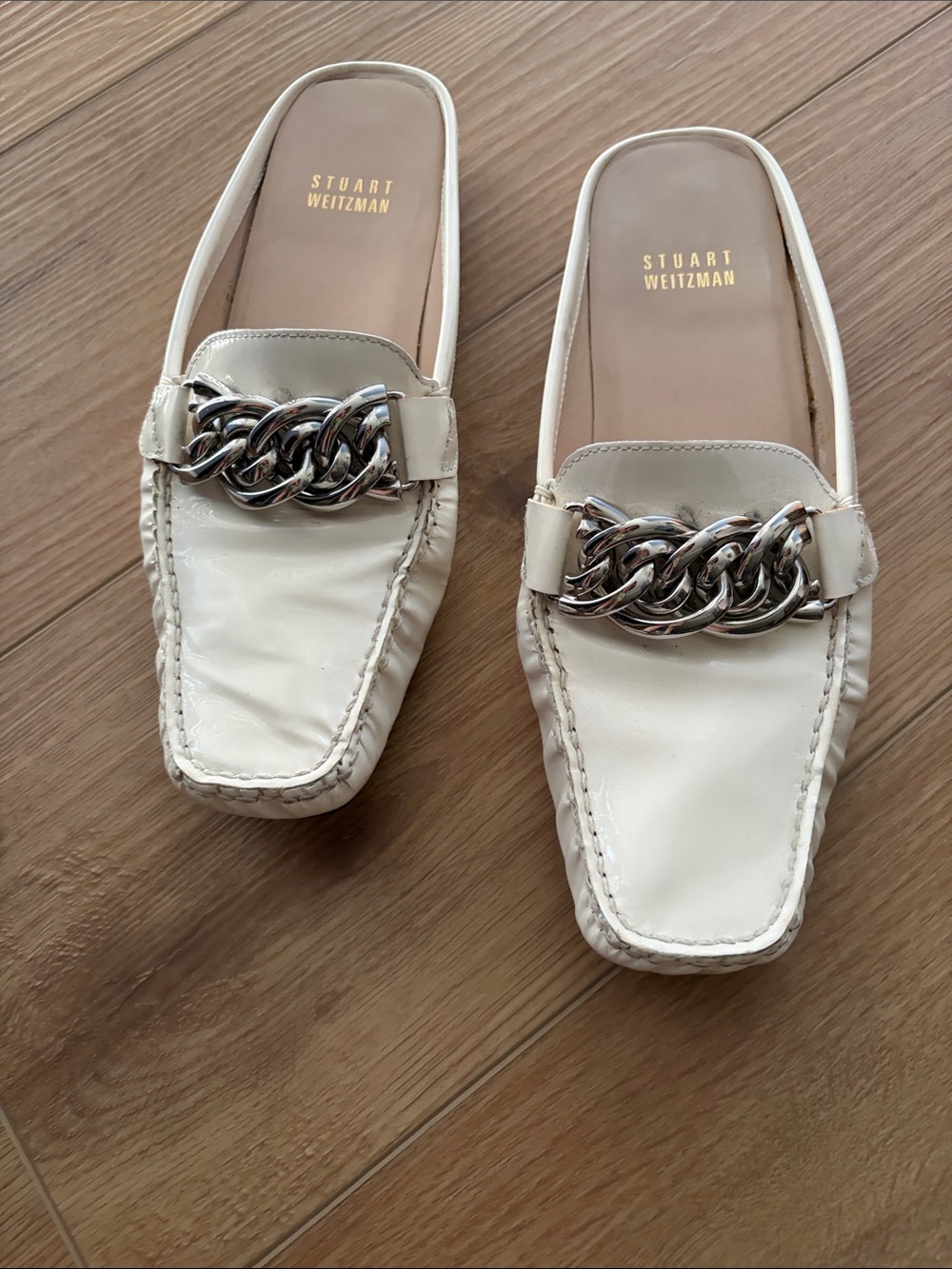 Stuart Weitzman White Patent Leather Chain-Link Mules